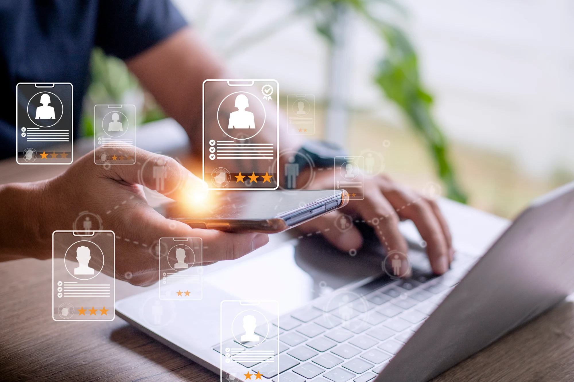 A person uses a smartphone and laptop, surrounded by glowing digital profile cards displaying user avatars and star ratings, representing professional selection.